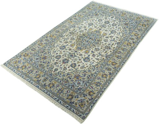 Corner detail of New Kashan rug showing border pattern and Cork pile