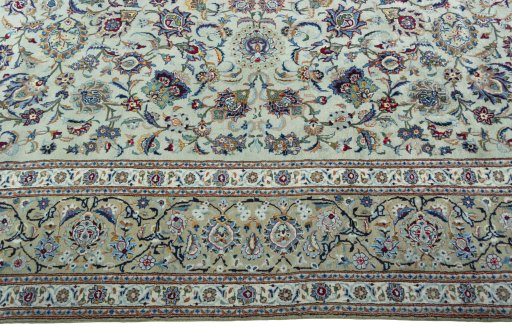 Corner detail of 1950s Kashan rug showing border pattern and Cork pile