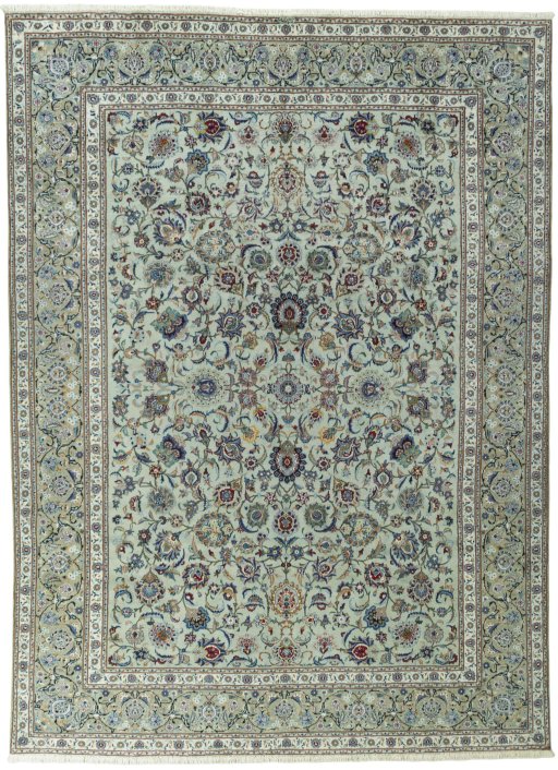 Full view of 1950s Kashan rug from Iran / Persia, 353 × 258 cm in Blue tones