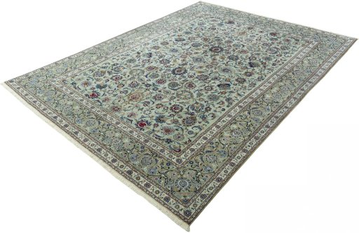 Corner detail of 1950s Kashan rug showing border pattern and Cork pile