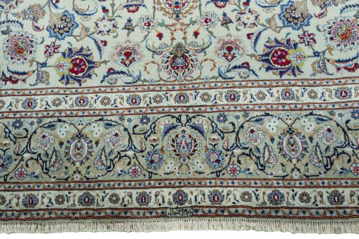 Full view of 1950s Kashan rug from Iran / Persia, 353 × 258 cm in Blue tones