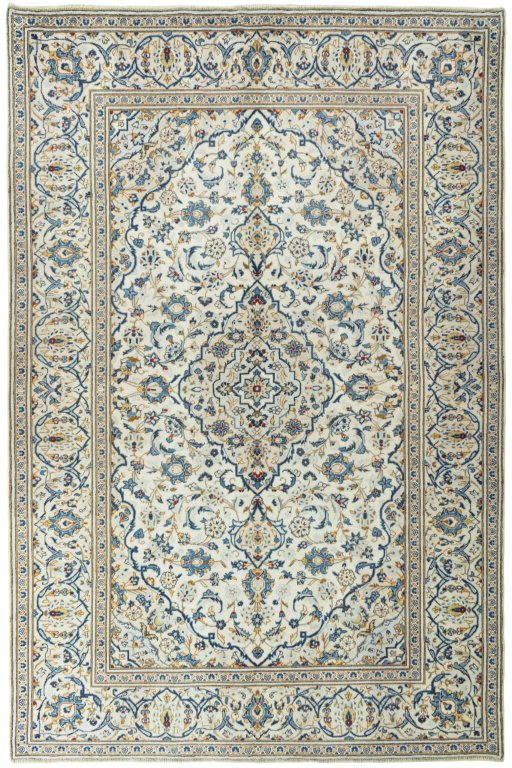 Full view of 2000s Kashan rug from Iran / Persia, 297 × 196 cm in Beige tones