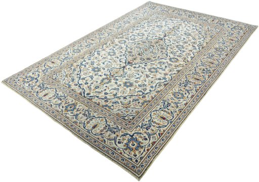 Corner detail of 2000s Kashan rug showing border pattern and Wool pile