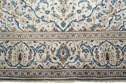 Full view of 2000s Kashan rug from Iran / Persia, 297 × 196 cm in Beige tones