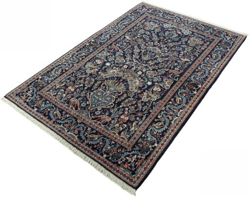 Corner detail of 2000s Kashan rug showing border pattern and Wool pile