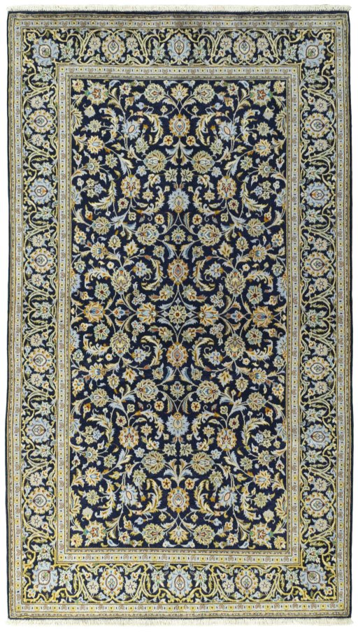 Full view of 1970s Kashan rug from Iran / Persia, 234 × 133 cm in Blue tones