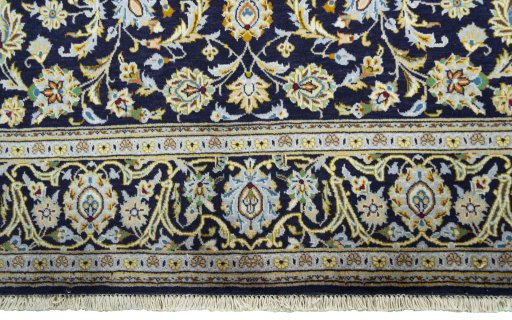 Full view of 1970s Kashan rug from Iran / Persia, 234 × 133 cm in Blue tones