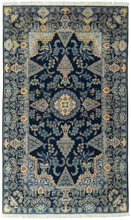 Full view of 2000s Kashan rug from Iran / Persia, 228 × 138 cm in Blue tones