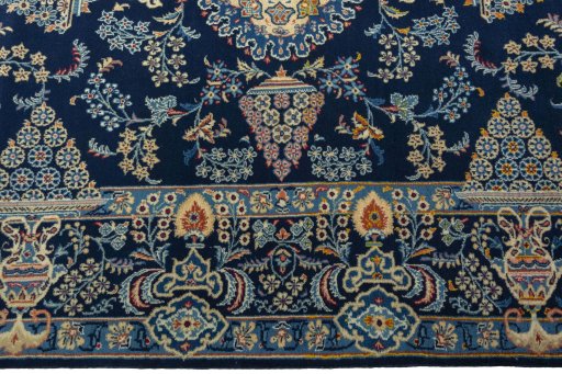 Full view of 2000s Kashan rug from Iran / Persia, 228 × 138 cm in Blue tones