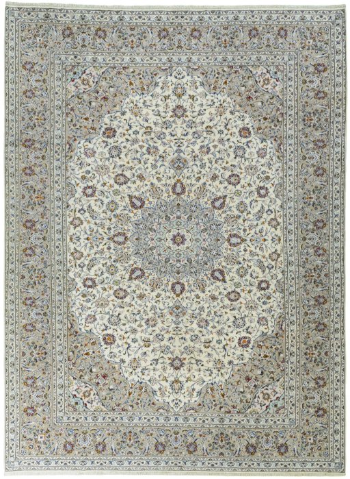 Full view of New Kashan rug from Iran / Persia, 396 × 294 cm in Beige tones