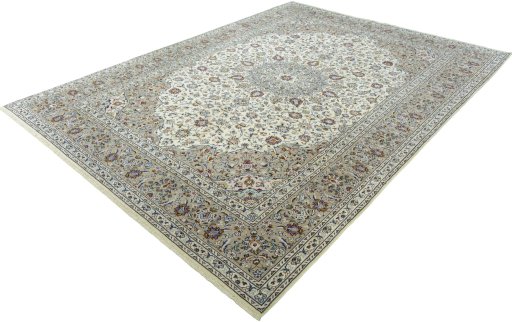 Corner detail of New Kashan rug showing border pattern and Wool pile