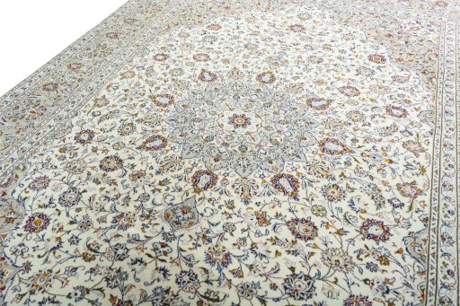 Backside of handmade New Kashan rug showing knot structure and weave density