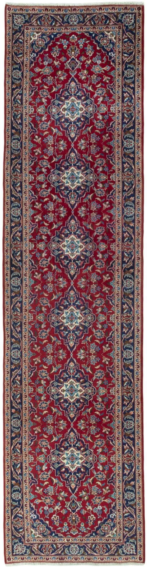Full view of 2000s Kashan rug from Iran / Persia, 387 × 98 cm in Red tones