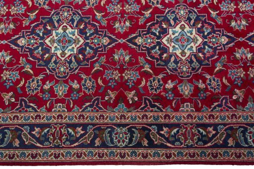Full view of 2000s Kashan rug from Iran / Persia, 387 × 98 cm in Red tones