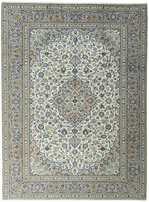 Full view of 2000s Kashan rug from Iran / Persia, 392 × 293 cm in Beige tones