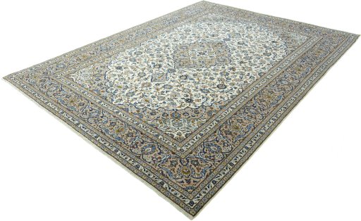 Corner detail of 2000s Kashan rug showing border pattern and Wool pile