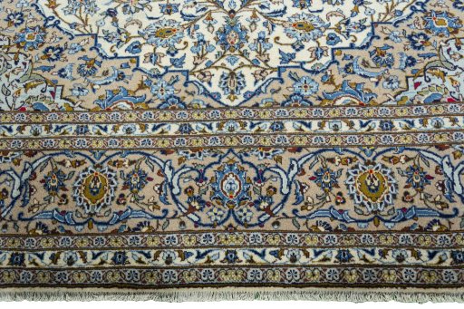 Full view of 2000s Kashan rug from Iran / Persia, 392 × 293 cm in Beige tones