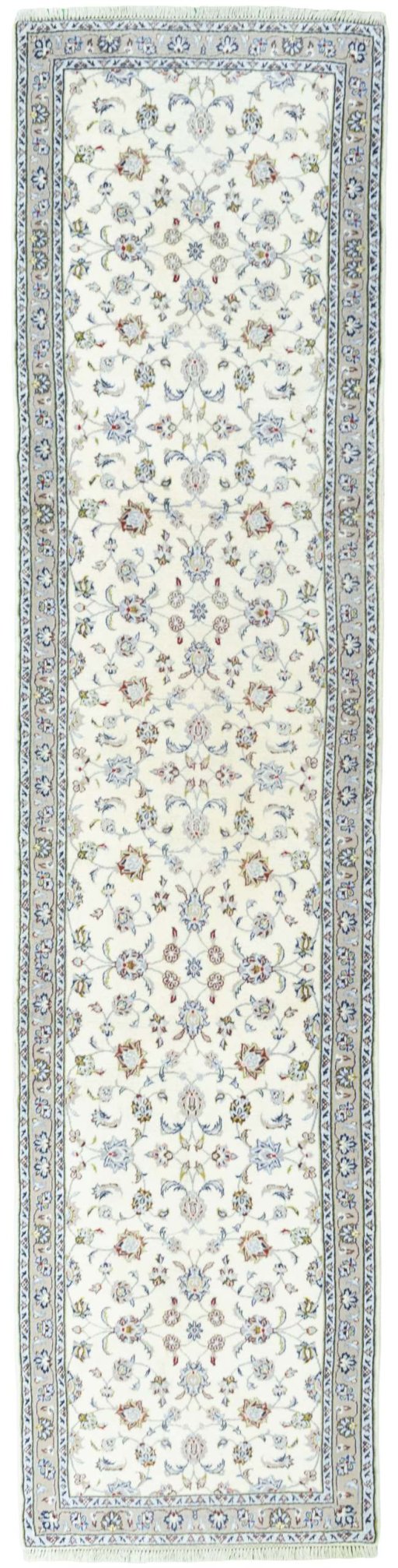 Full view of 2000s Kashan rug from Iran / Persia, 387 × 93 cm in Beige tones