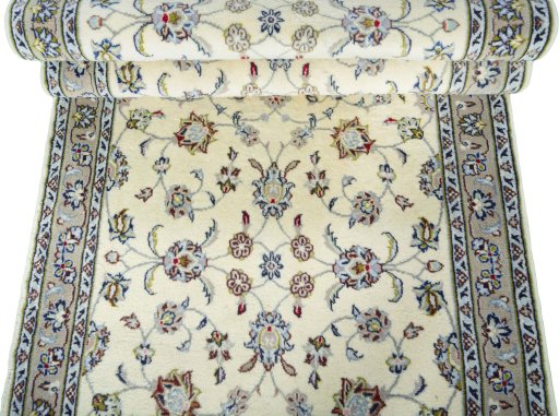 Full view of 2000s Kashan rug from Iran / Persia, 387 × 93 cm in Beige tones