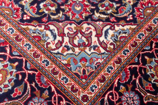 Full view of 1975s Kashan rug from Iran / Persia, 307 × 192 cm in Red tones