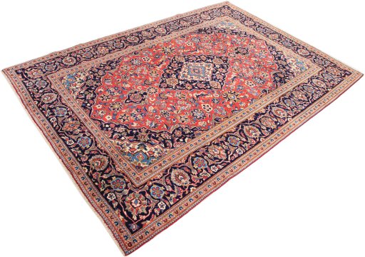 Corner detail of 1980s Kashan rug showing border pattern and Wool pile