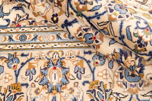 Close-up detail of 1984s Kashan rug from Iran / Persia showing Wool weave