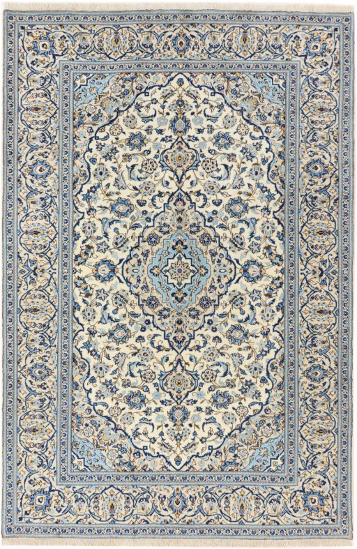 Full view of 1990s Kashan rug from Iran / Persia, 295 × 195 cm in Cream tones