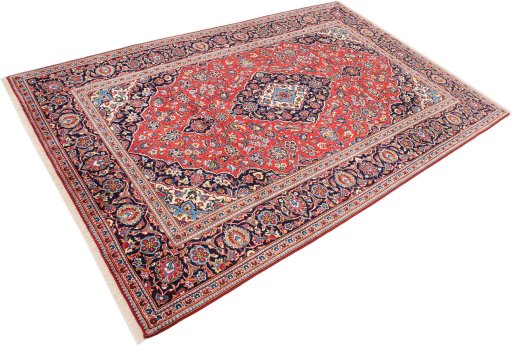 Corner detail of 1990s Kashan rug showing border pattern and Wool pile