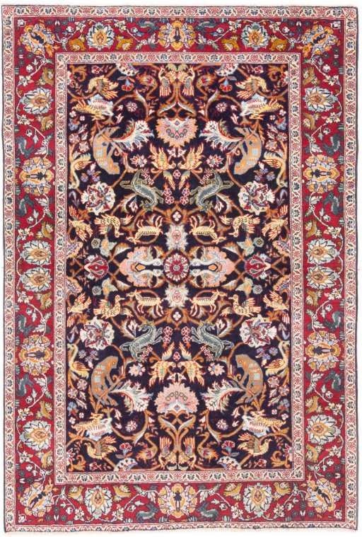 Full view of 2000s Kashan rug from Iran / Persia, 155 × 103 cm in Dark blue tones
