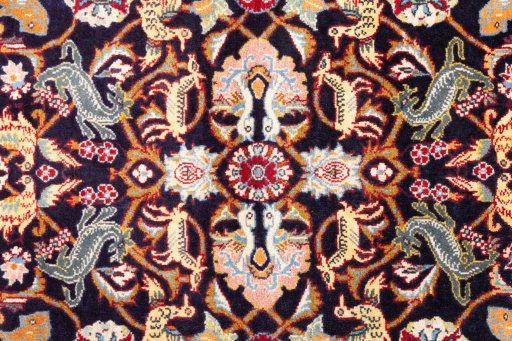Full view of 2000s Kashan rug from Iran / Persia, 155 × 103 cm in Dark blue tones