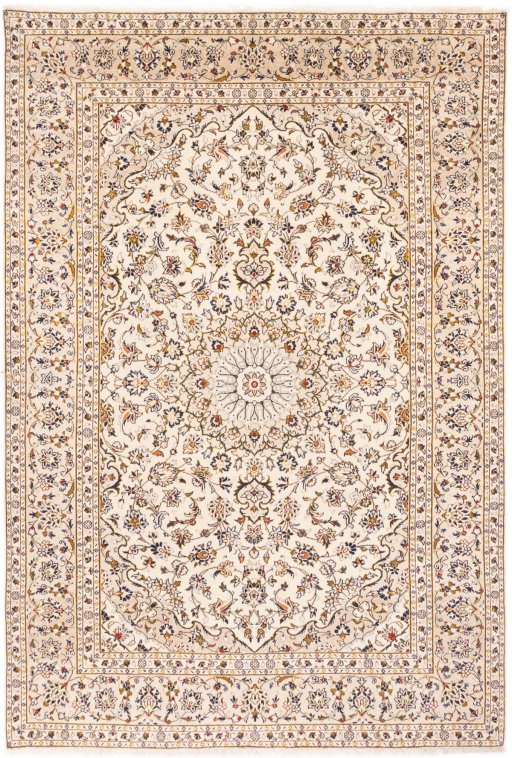 Full view of 1988s Kashan rug from Iran / Persia, 293 × 195 cm in Beige tones