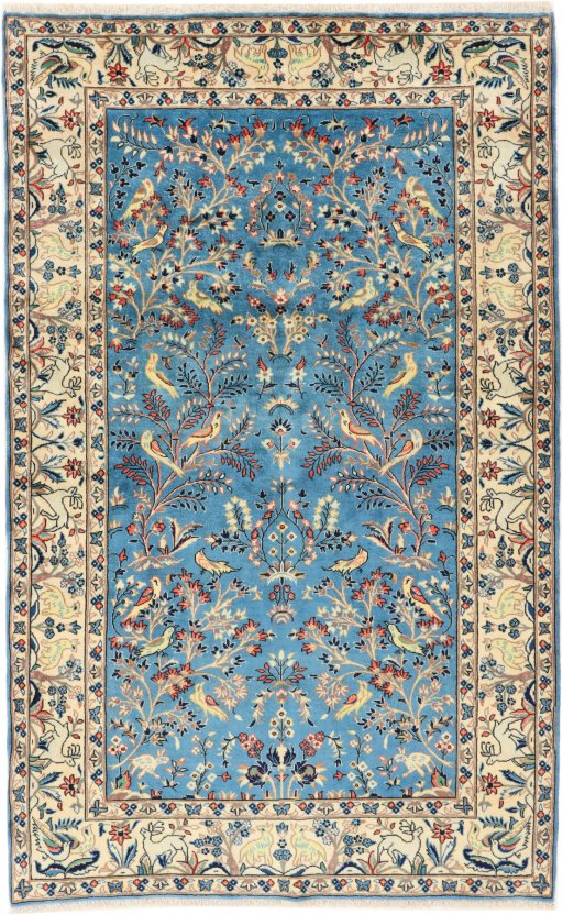 Full view of 1950s Kashan rug from Iran / Persia, 220 × 136 cm in Blue tones