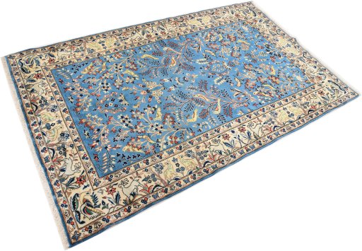 Corner detail of 1950s Kashan rug showing border pattern and Wool pile