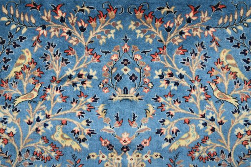 Full view of 1950s Kashan rug from Iran / Persia, 220 × 136 cm in Blue tones