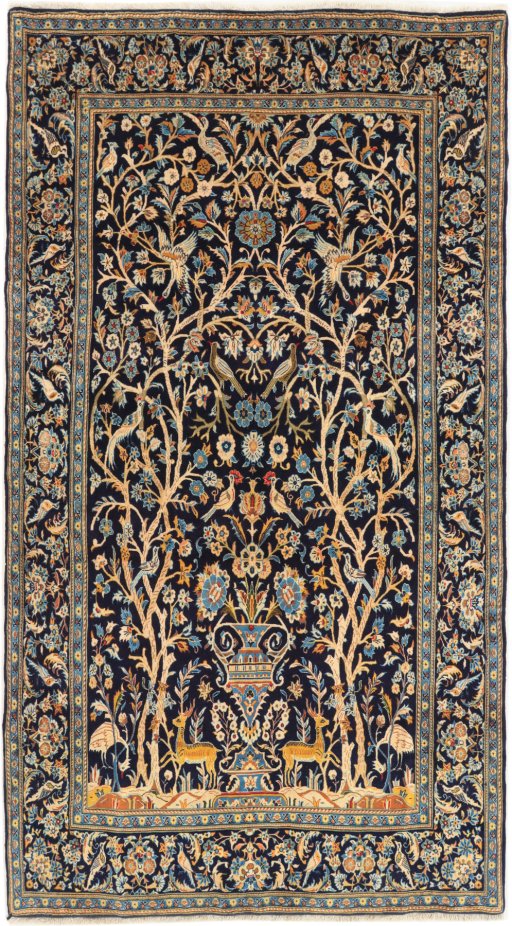 Full view of 1970s Kashan rug from Iran / Persia, 281 × 155 cm in Dark blue tones