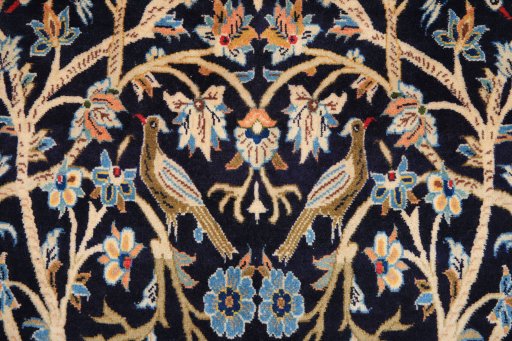 Full view of 1970s Kashan rug from Iran / Persia, 281 × 155 cm in Dark blue tones