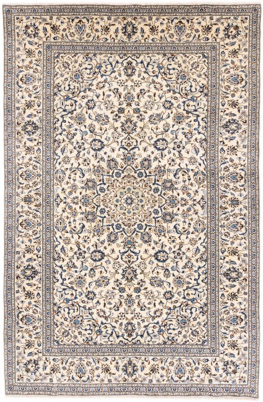 Full view of 2000s Kashan rug from Iran / Persia, 297 × 195 cm in Beige tones
