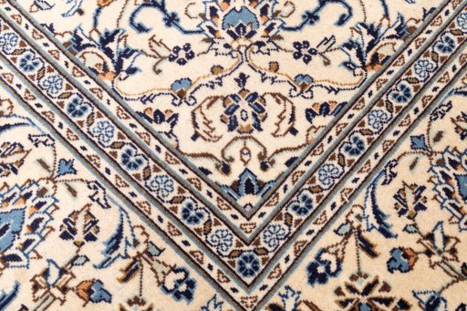 Full view of 2000s Kashan rug from Iran / Persia, 297 × 195 cm in Beige tones