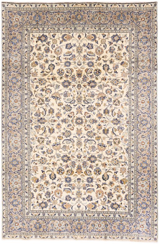 Full view of 1985s Kashan rug from Iran / Persia, 290 × 192 cm in Beige tones