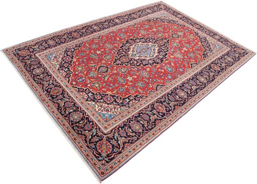 Corner detail of 2000s Kashan rug showing border pattern and Wool pile
