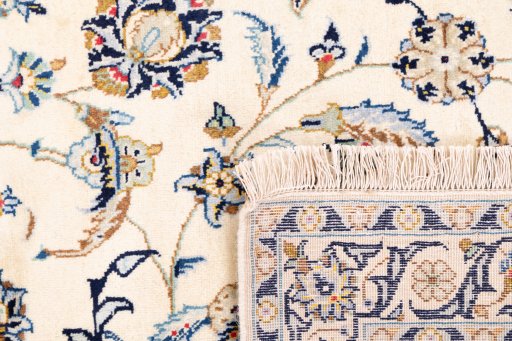 Full view of 1989s Kashan rug from Iran / Persia, 410 × 282 cm in Beige tones