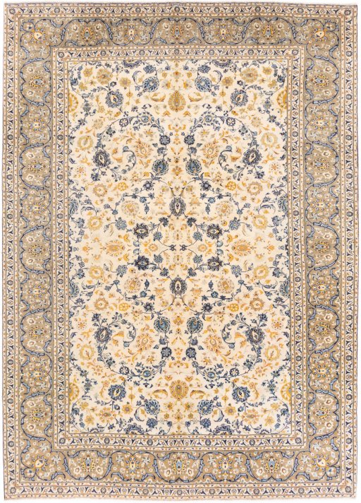 Full view of 1970s Kashan rug from Iran / Persia, 380 × 273 cm in Beige tones