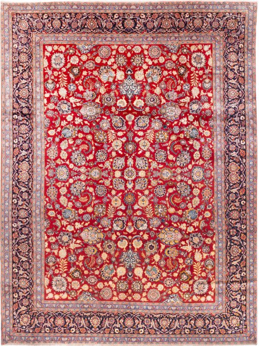 Full view of 1980s Kashan rug from Iran / Persia, 443 × 335 cm in Red tones