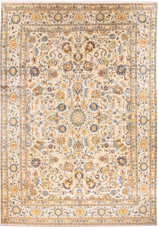 Full view of 1973s Kashan rug from Iran / Persia, 445 × 306 cm in Beige tones