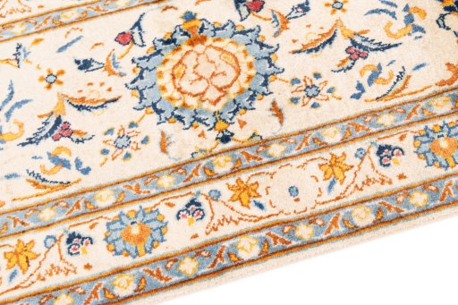 Backside of handmade 1973s Kashan rug showing knot structure and weave density