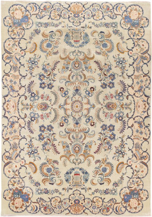 Full view of 1980s Kashan rug from Iran / Persia, 457 × 315 cm in Cream tones