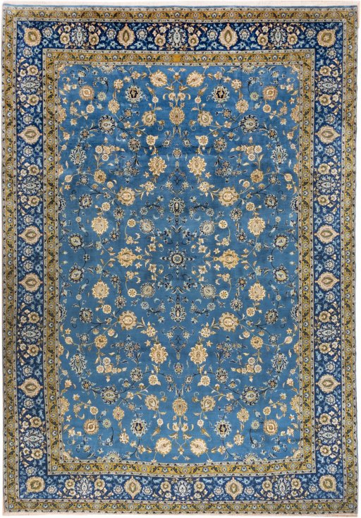 Full view of 1973s Kashan rug from Iran / Persia, 440 × 307 cm in Blue tones