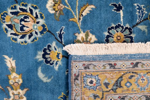 Full view of 1973s Kashan rug from Iran / Persia, 440 × 307 cm in Blue tones