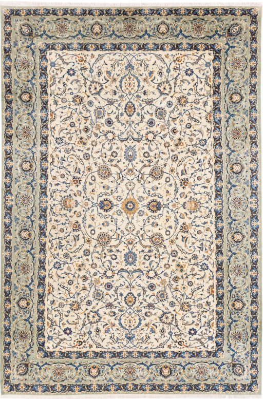 Full view of 1975s Kashan rug from Iran / Persia, 407 × 270 cm in Beige tones