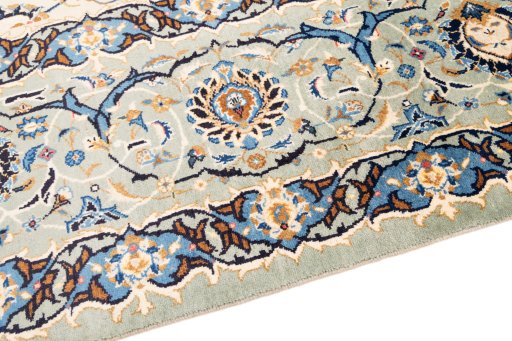Backside of handmade 1975s Kashan rug showing knot structure and weave density